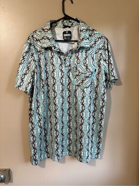 XL Men’s Short Sleeve Rock & Roll Denim Aztec Print Shirt - Teal/White